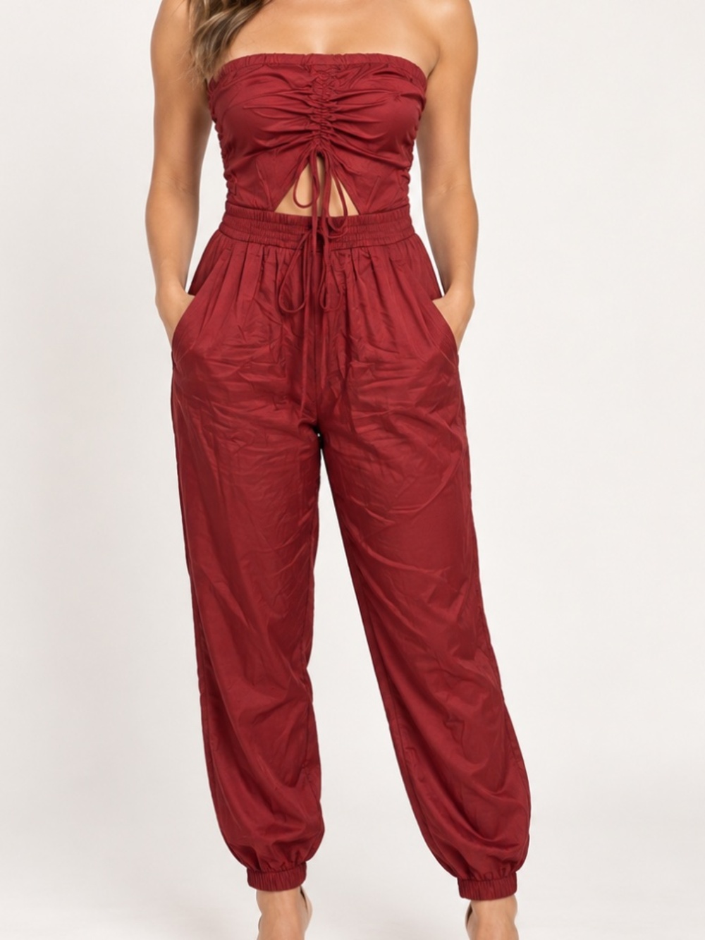 Gilli Burgundy Strapless Ruched Jogger Jumpsuit Romper